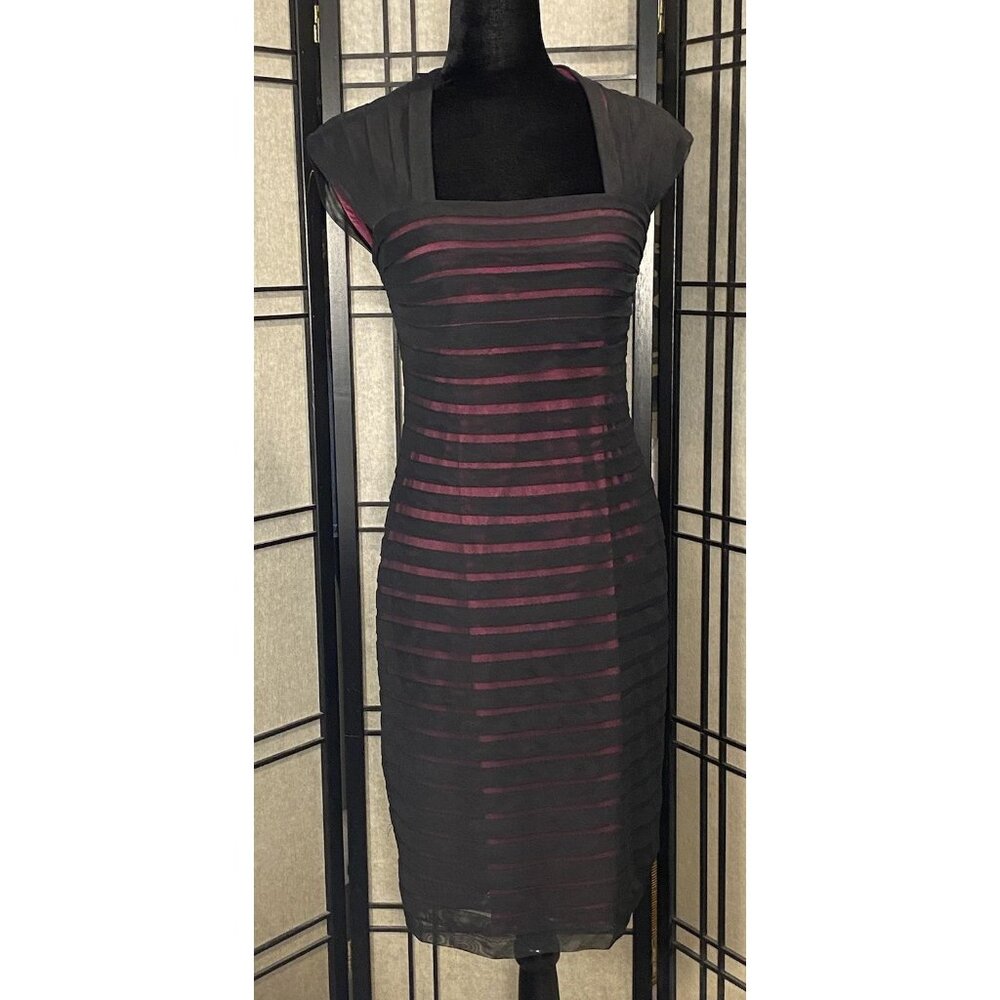 Adrianna Papell Sheath Illusion Womens Dress Sz 6 Midi Stretch Bodycon Slimming